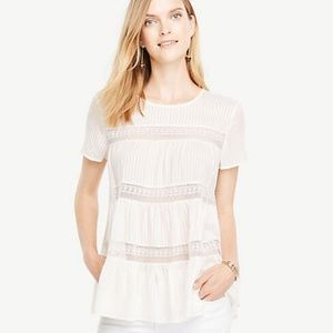 ANN TAYLOR Tiered Lace Trim Tee in Winter White